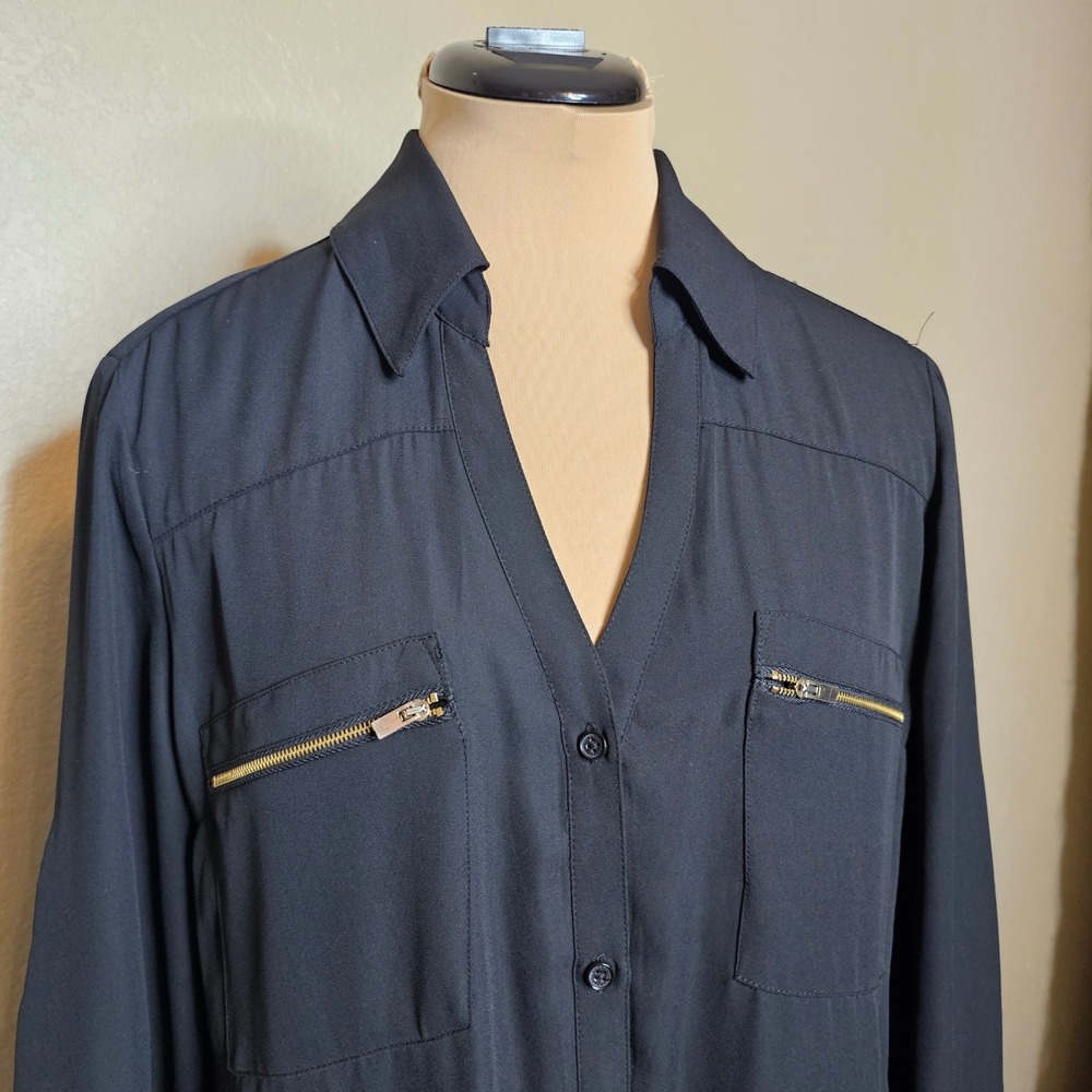 Express The Portofino Shirt Dress Womens Large Black Long Sleeve Zip Pocket - Picture 2 of 7